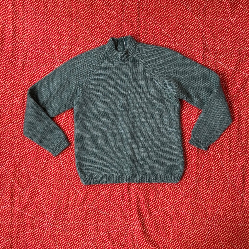 Vintage 1950s Hand Knit Mock Neck Sweater green Raglan Back Zip Twee Indie